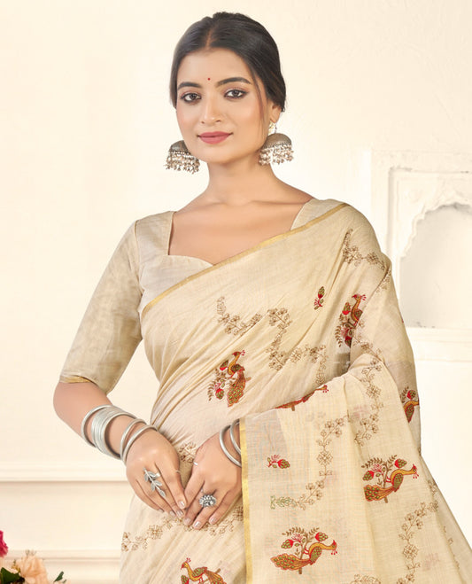 Borderless Cream Floral Vine-Peacock Embroidered Linen Cotton Designer Catalog Saree, a Matching Blouse