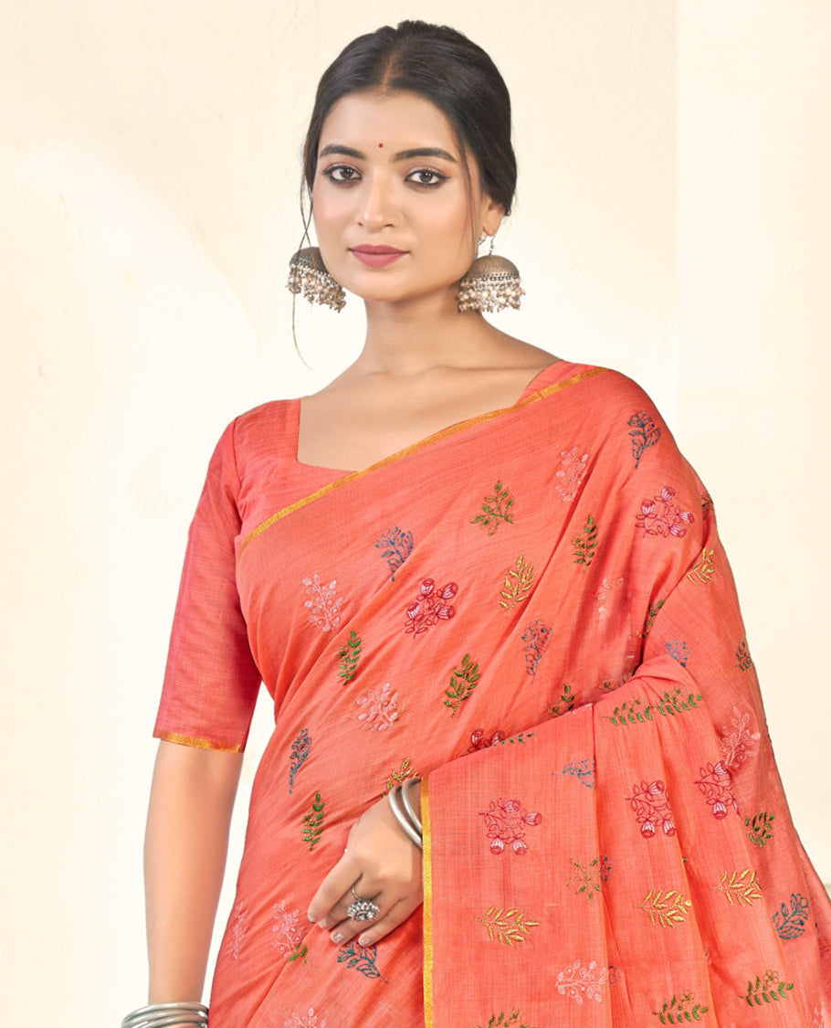 Borderless Peach Tropical Floral Embroidered Linen Cotton Designer Catalog Saree, a Matching Blouse