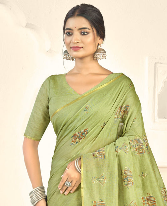 Borderless Green Floral-Elephant Embroidered Linen Cotton Designer Catalog Saree, a Matching Blouse