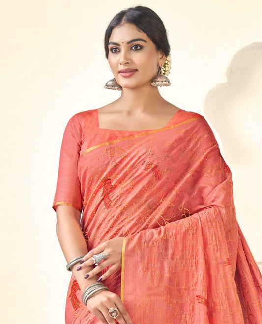 Borderless Dark Peach Floral-Bird Embroidered Linen Cotton Designer Catalog Saree, and a Matching Blouse