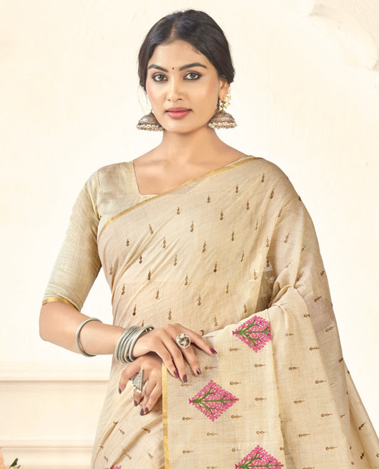 Borderless Sandal Embroidery Linen Cotton Designer Catalog Saree and a Matching Blouse