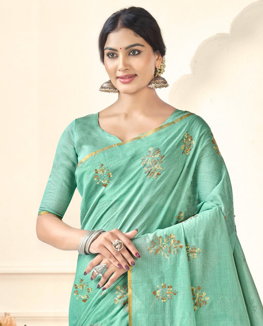 Borderless Green Linen Cotton Designer Catalog Saree, Bedecked with Embroidered Motifs, and a Matching Blouse