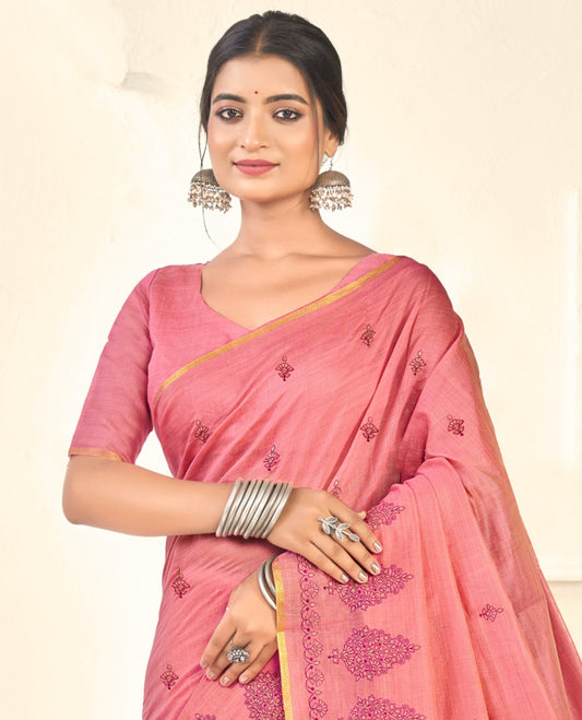 Borderless Pink Floral Embroidered Linen Cotton Designer Catalog Saree, and a Matching Blouse