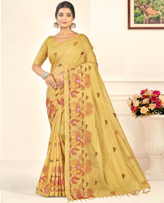 Borderless Sandal Floral-Animal Embroidered Linen Cotton Designer Catalog Saree, a Matching Blouse