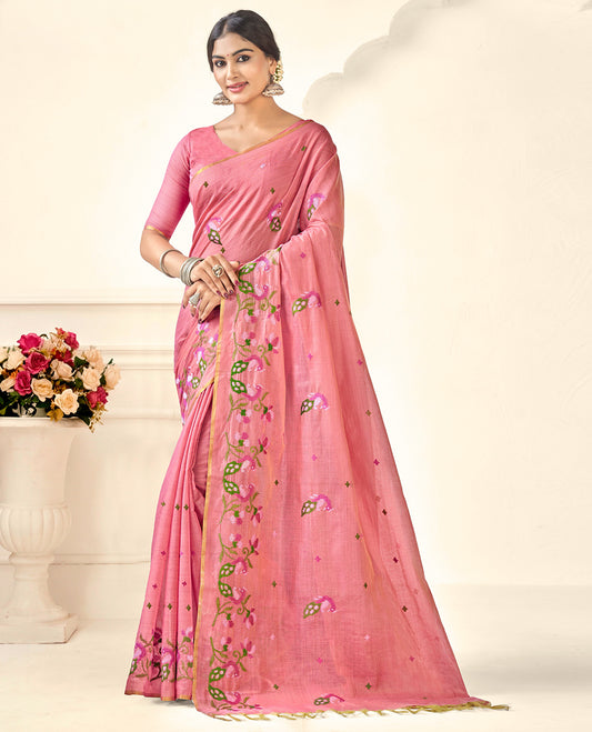 Borderless Pink Peacock Embroidered Linen Cotton Designer Catalog Saree, a Matching Blouse