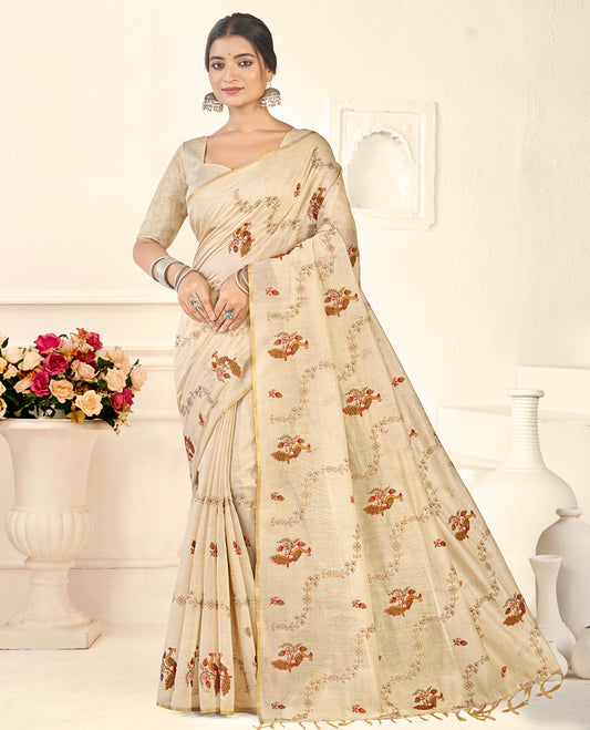 Borderless Cream Floral Vine-Peacock Embroidered Linen Cotton Designer Catalog Saree, a Matching Blouse