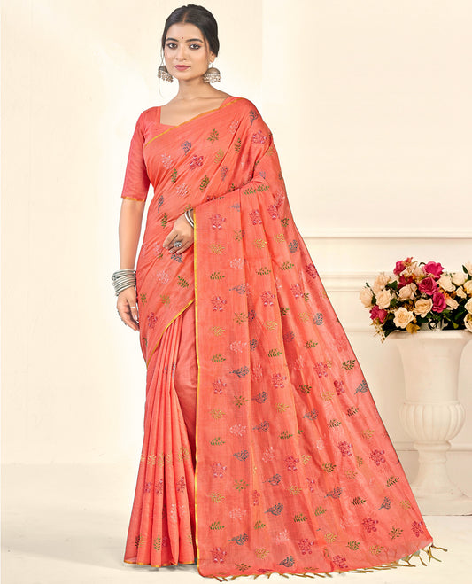 Borderless Peach Tropical Floral Embroidered Linen Cotton Designer Catalog Saree, a Matching Blouse