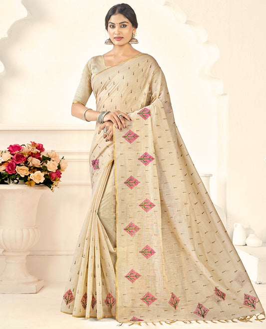 Borderless Sandal Embroidery Linen Cotton Designer Catalog Saree and a Matching Blouse