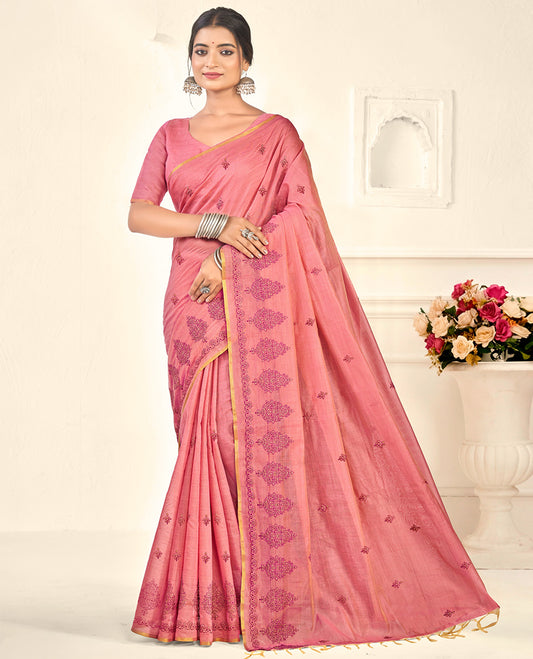 Borderless Pink Floral Embroidered Linen Cotton Designer Catalog Saree, and a Matching Blouse