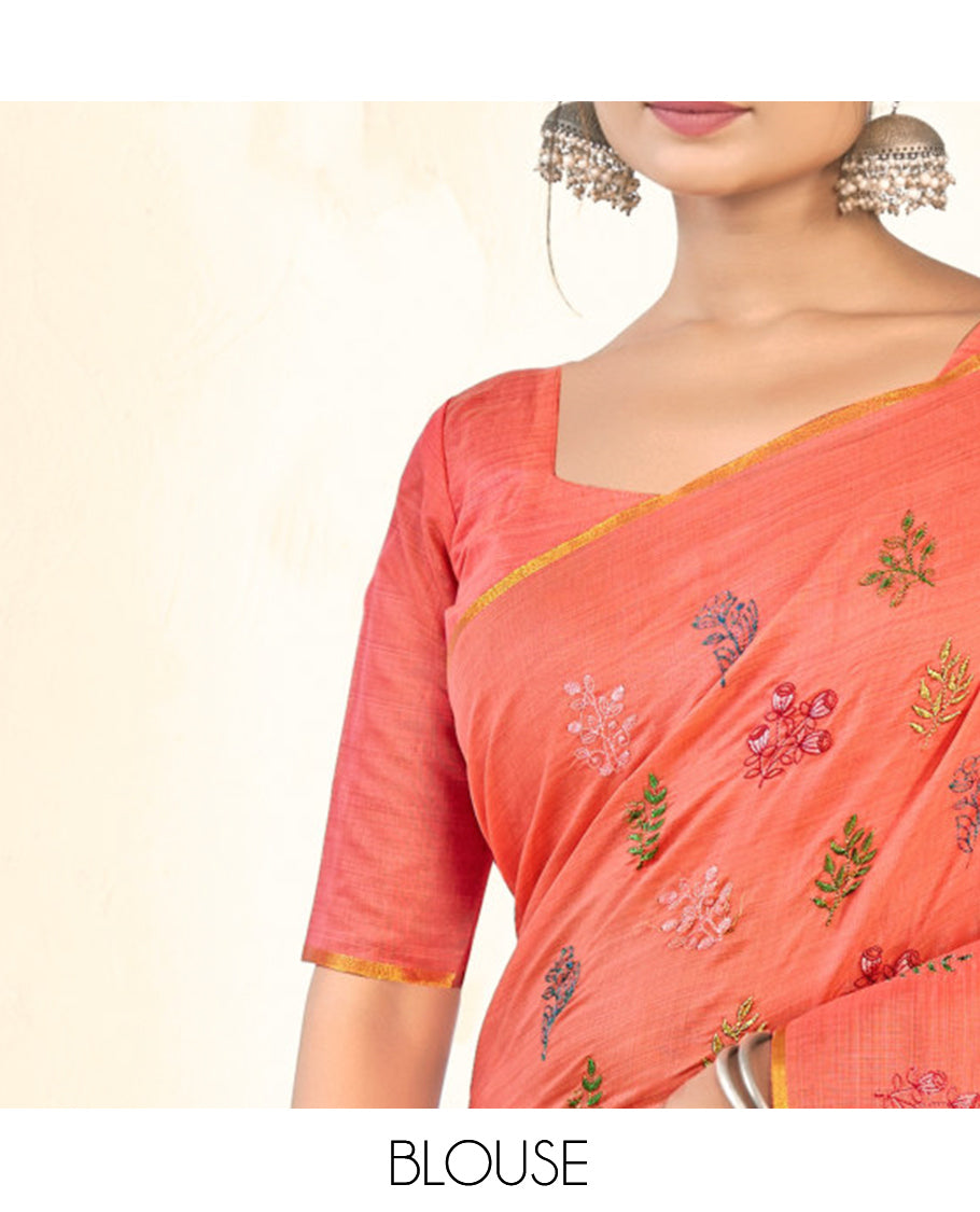 Borderless Peach Tropical Floral Embroidered Linen Cotton Designer Catalog Saree, a Matching Blouse