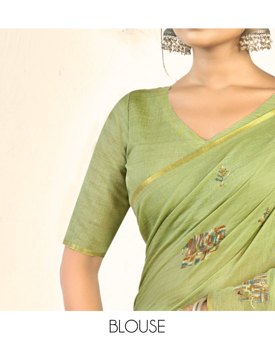 Borderless Green Floral-Elephant Embroidered Linen Cotton Designer Catalog Saree, a Matching Blouse