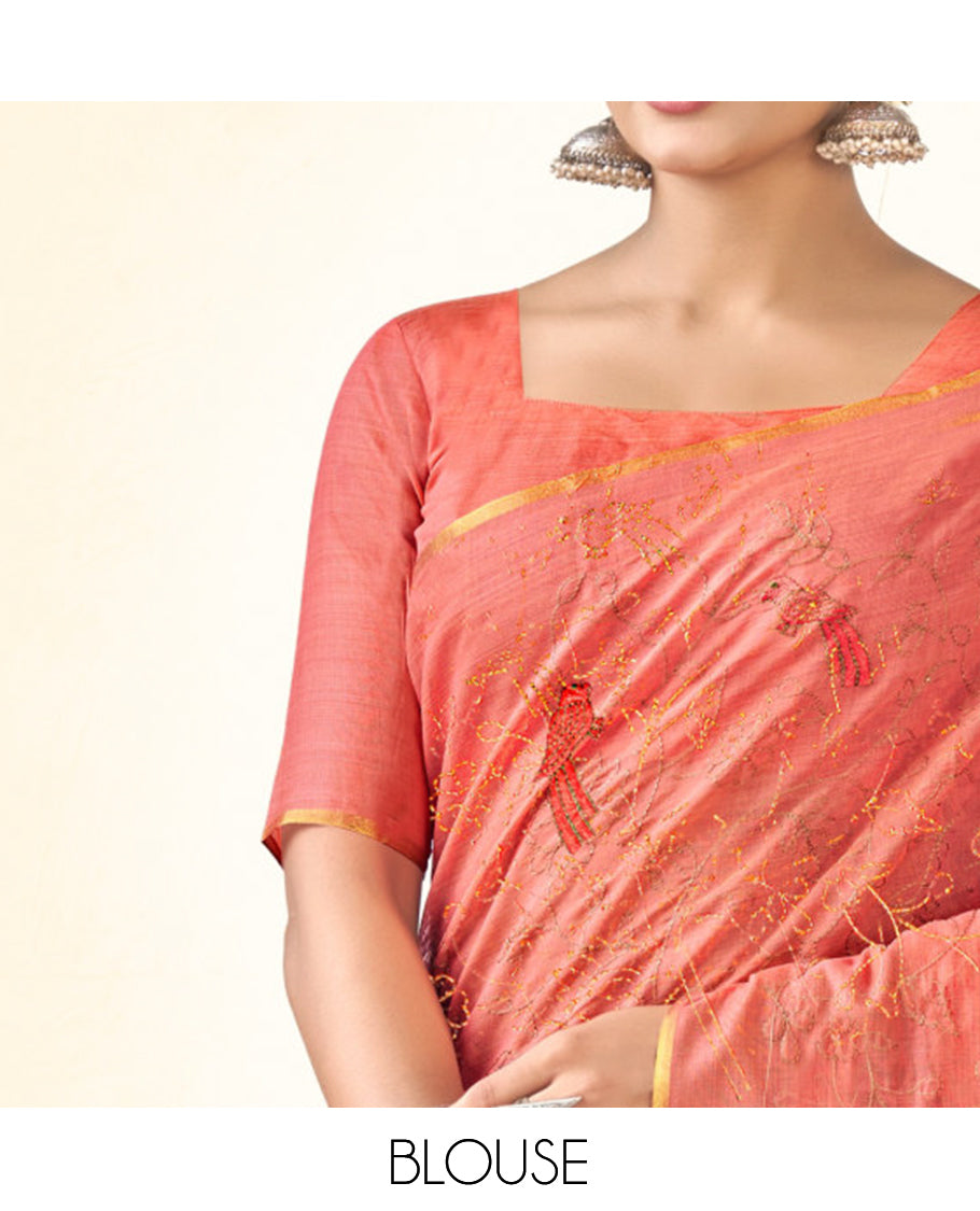 Borderless Dark Peach Floral-Bird Embroidered Linen Cotton Designer Catalog Saree, and a Matching Blouse