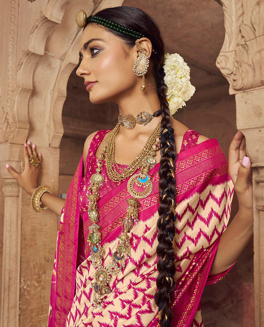 Sandal Ikat Patola Designer Saree, Adorned with Ikat Chevron Stripes, Complemented by a Contrast Ikat Border, Ikat Woven Pallu, and a Contrast Blouse