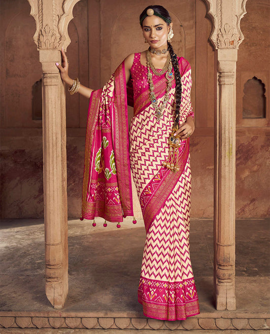 Sandal Ikat Patola Designer Saree, Adorned with Ikat Chevron Stripes, Complemented by a Contrast Ikat Border, Ikat Woven Pallu, and a Contrast Blouse