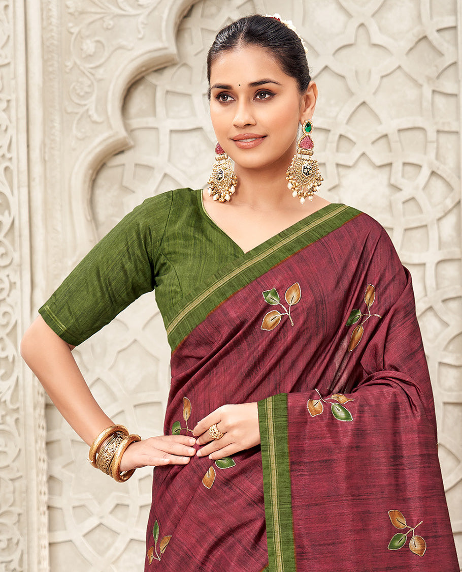 Wine Fancy Tussar Designer Saree, Adorned with Leaf Motifs, a Contrast Border, Floral Design Pallu, and a Contrast Blouse