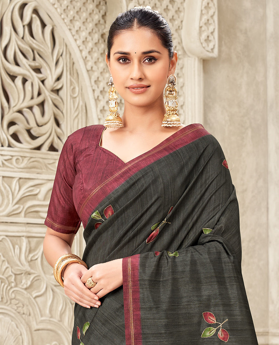 Black Fancy Tussar Designer Saree, Adorned with Leaf Motifs, a Contrast Border, Floral Design Pallu, and a Contrast Blouse