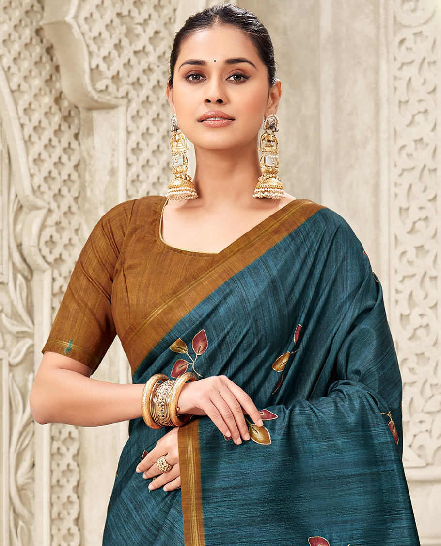 Blue Fancy Tussar Designer Saree, Adorned with Leaf Motifs, a Contrast Border, Floral Design Pallu, and a Contrast Blouse