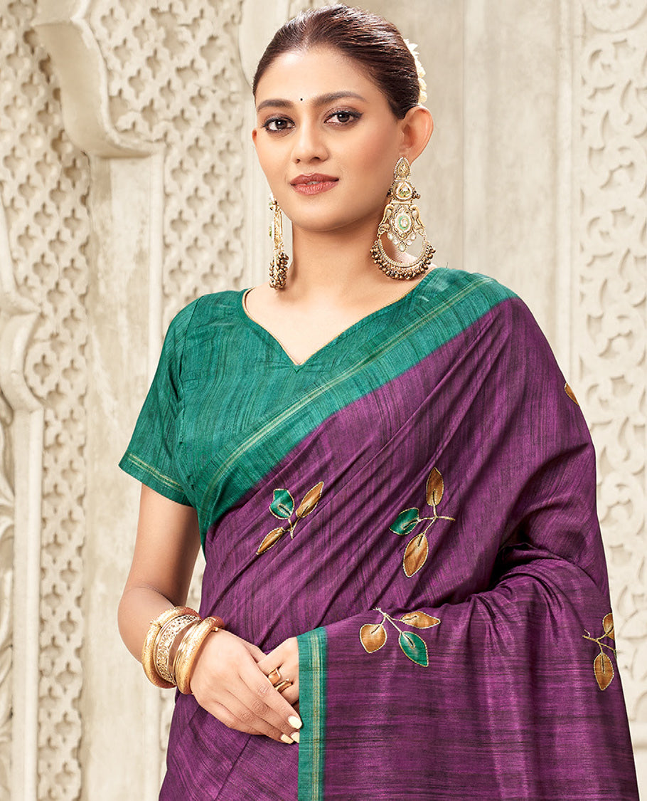 Purple  Fancy Tussar Designer Saree, Adorned with Leaf Motifs, a Contrast Border, Floral Design Pallu, and a Contrast Blouse