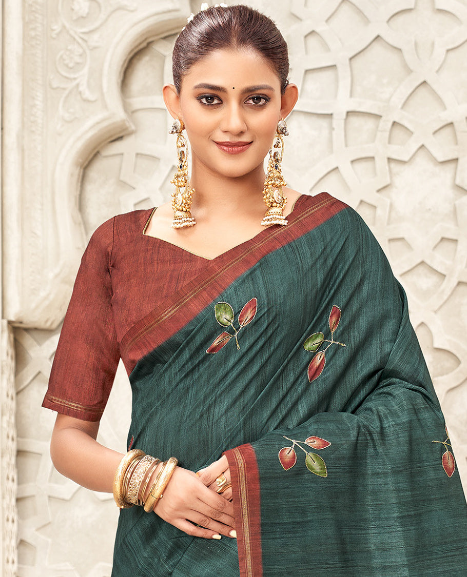 Bottle Green Fancy Tussar Designer Saree, Adorned with Leaf Motifs, a Contrast Border, Floral Design Pallu, and a Contrast Blouse