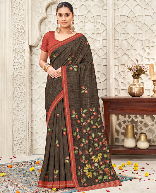 Brown Fancy Tussar Designer Saree, Adorned with Leaf Motifs, a Contrast Border, Floral Design Pallu, and a Contrast Blouse