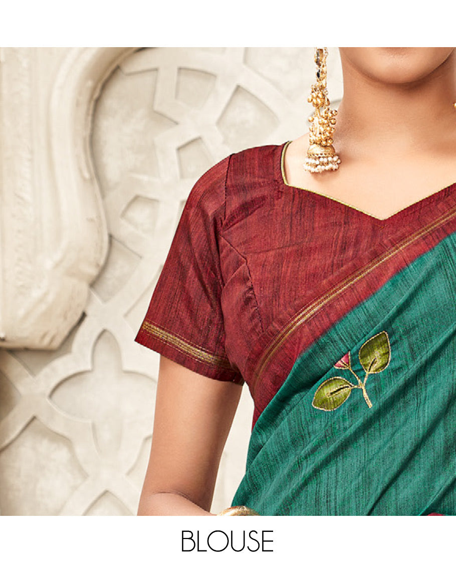 Green Fancy Tussar Designer Saree, Adorned with Leaf Motifs, a Contrast Border, Floral Design Pallu, and a Contrast Blouse