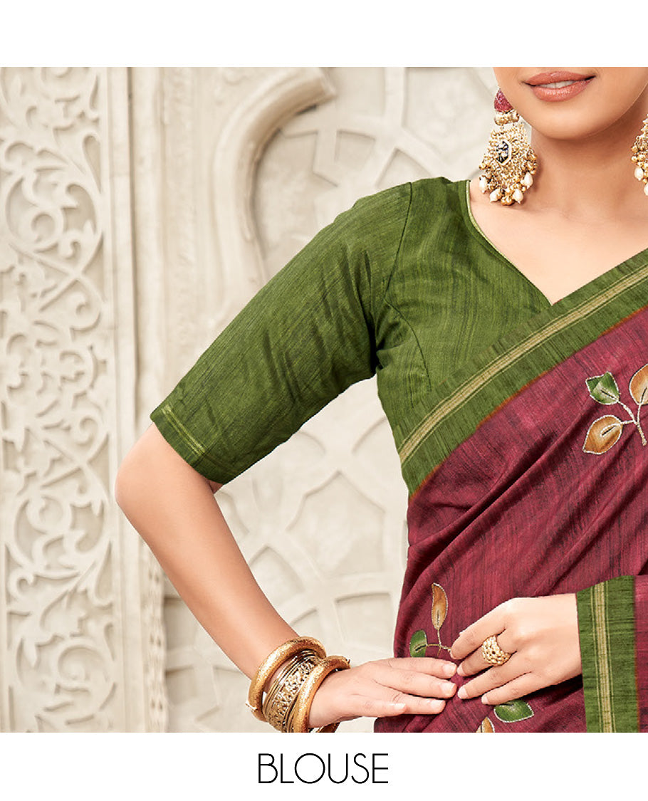 Wine Fancy Tussar Designer Saree, Adorned with Leaf Motifs, a Contrast Border, Floral Design Pallu, and a Contrast Blouse