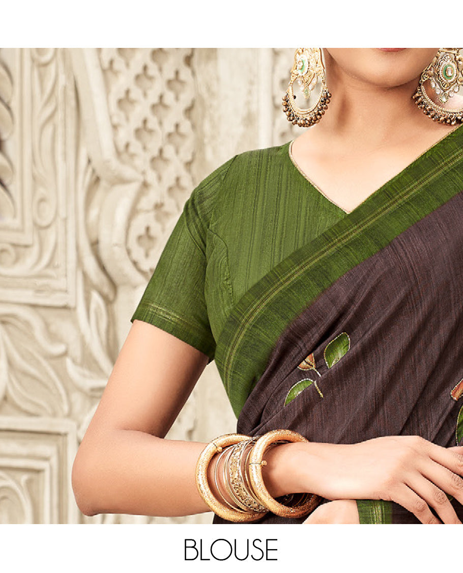 Coffee Brown Fancy Tussar Designer Saree, Adorned with Leaf Motifs, a Contrast Border, Floral Design Pallu, and a Contrast Blouse