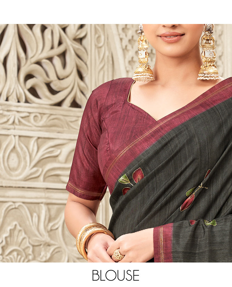 Black Fancy Tussar Designer Saree, Adorned with Leaf Motifs, a Contrast Border, Floral Design Pallu, and a Contrast Blouse