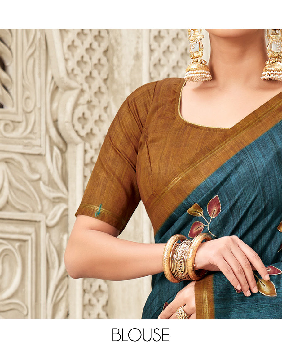 Blue Fancy Tussar Designer Saree, Adorned with Leaf Motifs, a Contrast Border, Floral Design Pallu, and a Contrast Blouse