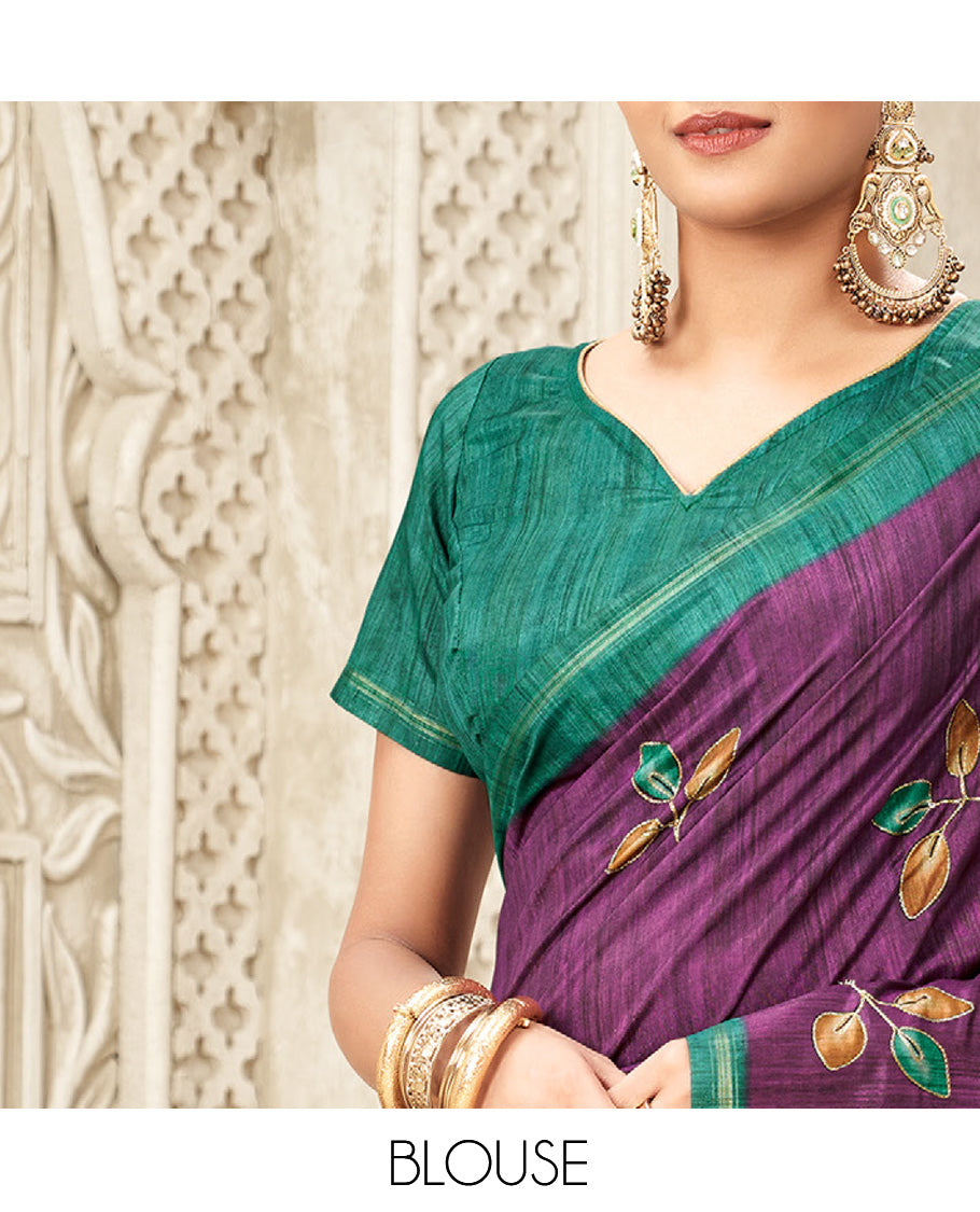 Purple  Fancy Tussar Designer Saree, Adorned with Leaf Motifs, a Contrast Border, Floral Design Pallu, and a Contrast Blouse