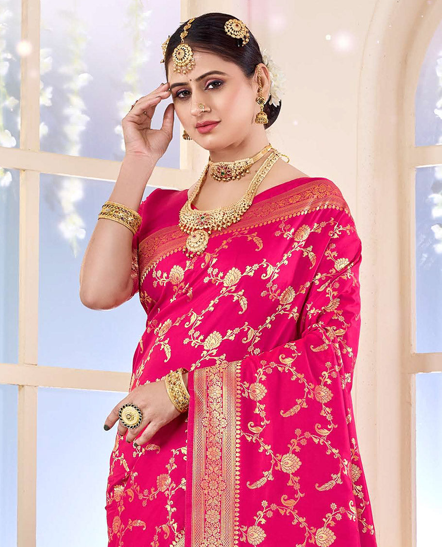 Pink Semi Banaras Designer Catalog Saree, Richly Detailed with Jacquard Design, Highlighted by a Traditional Zari Border, Intricate Pallu, and a Matching Blouse