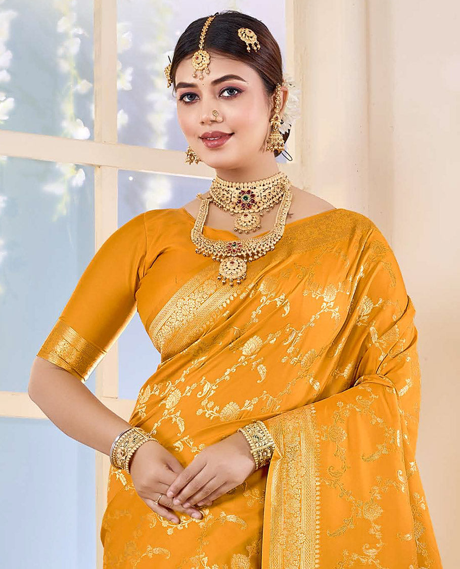 Orange Semi Banaras Designer Catalog Saree, Richly Detailed with Jacquard Design, Highlighted by a Traditional Zari Border, Intricate Pallu, and a Matching Blouse