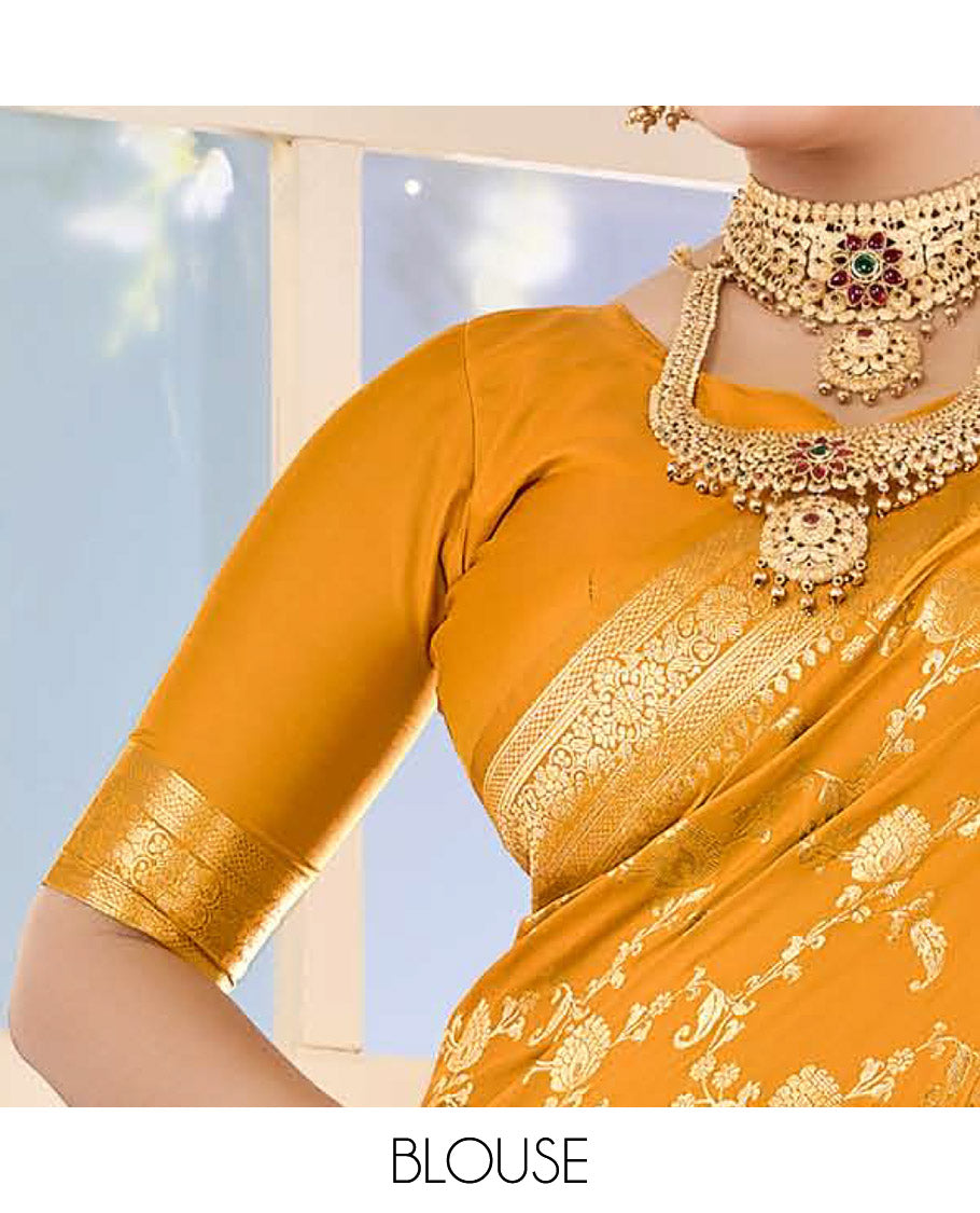 Orange Semi Banaras Designer Catalog Saree, Richly Detailed with Jacquard Design, Highlighted by a Traditional Zari Border, Intricate Pallu, and a Matching Blouse