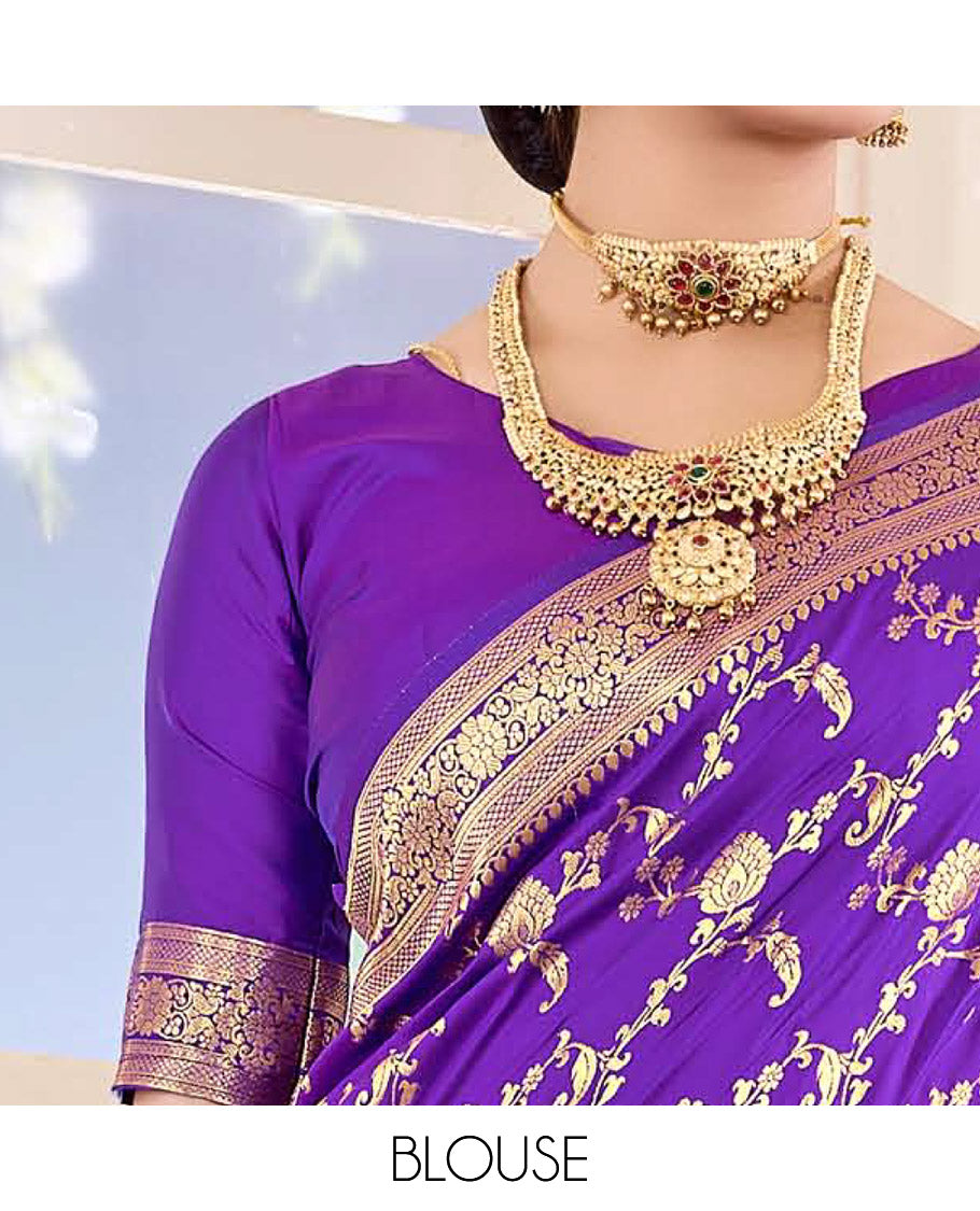 Violet Semi Banaras Designer Catalog Saree, Richly Detailed with Jacquard Design, Highlighted by a Traditional Zari Border, Intricate Pallu, and a Matching Blouse