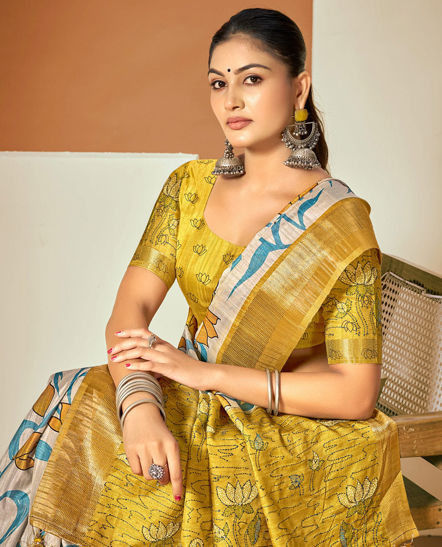 Beige Fancy Tussar Designer Saree, Artfully Detailed with Lotus Design, a Contrast Border, a Floral-Bird Pallu, and a Contrast Blouse
