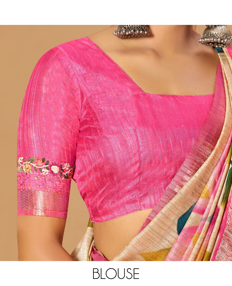 Sandal Fancy Tussar Designer Saree, Embellished with Colorful Floral Print, a Contrast Border, a Floral Embroidered Pallu, and a Contrast Blouse