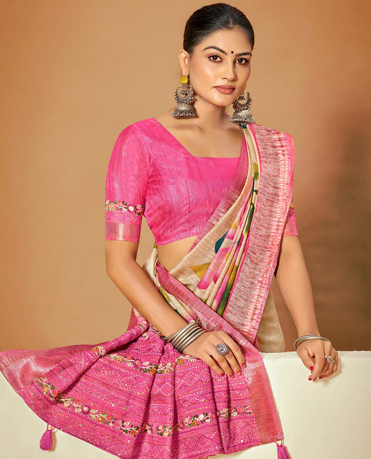 Sandal Fancy Tussar Designer Saree, Embellished with Colorful Floral Print, a Contrast Border, a Floral Embroidered Pallu, and a Contrast Blouse
