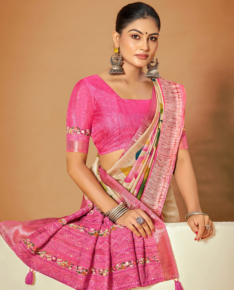 Sandal Fancy Tussar Designer Saree, Embellished with Colorful Floral Print, a Contrast Border, a Floral Embroidered Pallu, and a Contrast Blouse