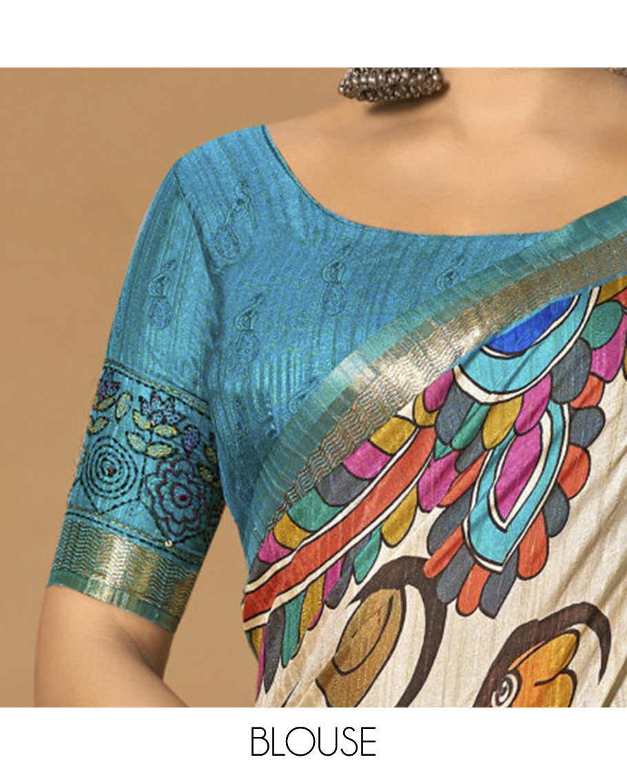 Multi-Color Fancy Tussar Designer Saree, Impeccably Styled with Vibrant Floral Print, a Contrast Border, a Floral Embroidered Pallu, and a Contrast Blouse