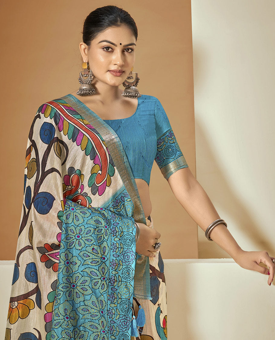 Multi-Color Fancy Tussar Designer Saree, Impeccably Styled with Vibrant Floral Print, a Contrast Border, a Floral Embroidered Pallu, and a Contrast Blouse