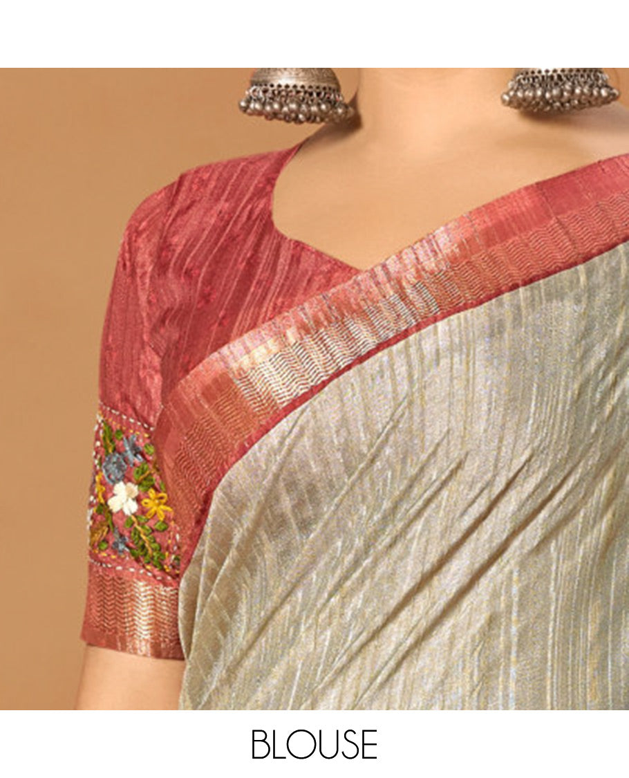 Grey Fancy Tussar Designer Saree, Embellished with a Leaf Vine and Butterfly Print, a Contrast Border, an Embroidered Pallu, and a Contrast Blouse