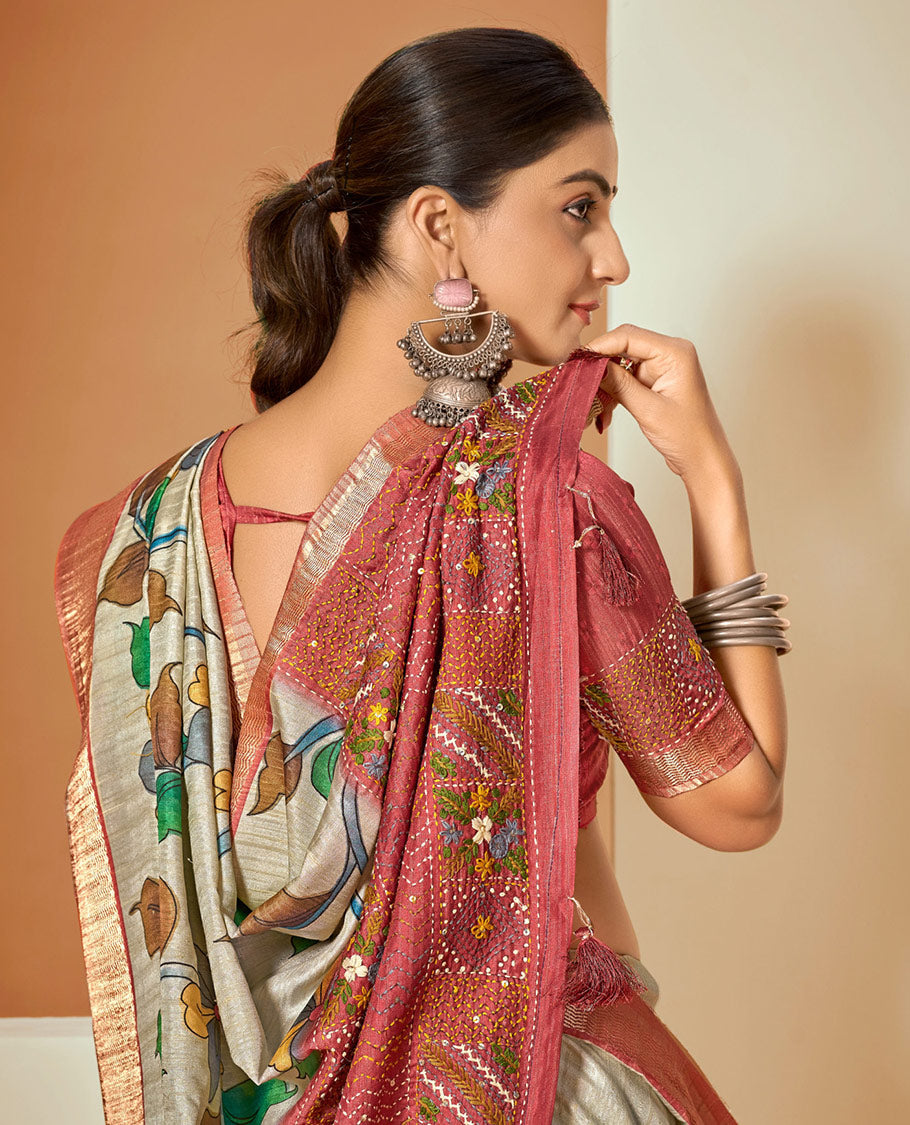 Grey Fancy Tussar Designer Saree, Embellished with a Leaf Vine and Butterfly Print, a Contrast Border, an Embroidered Pallu, and a Contrast Blouse