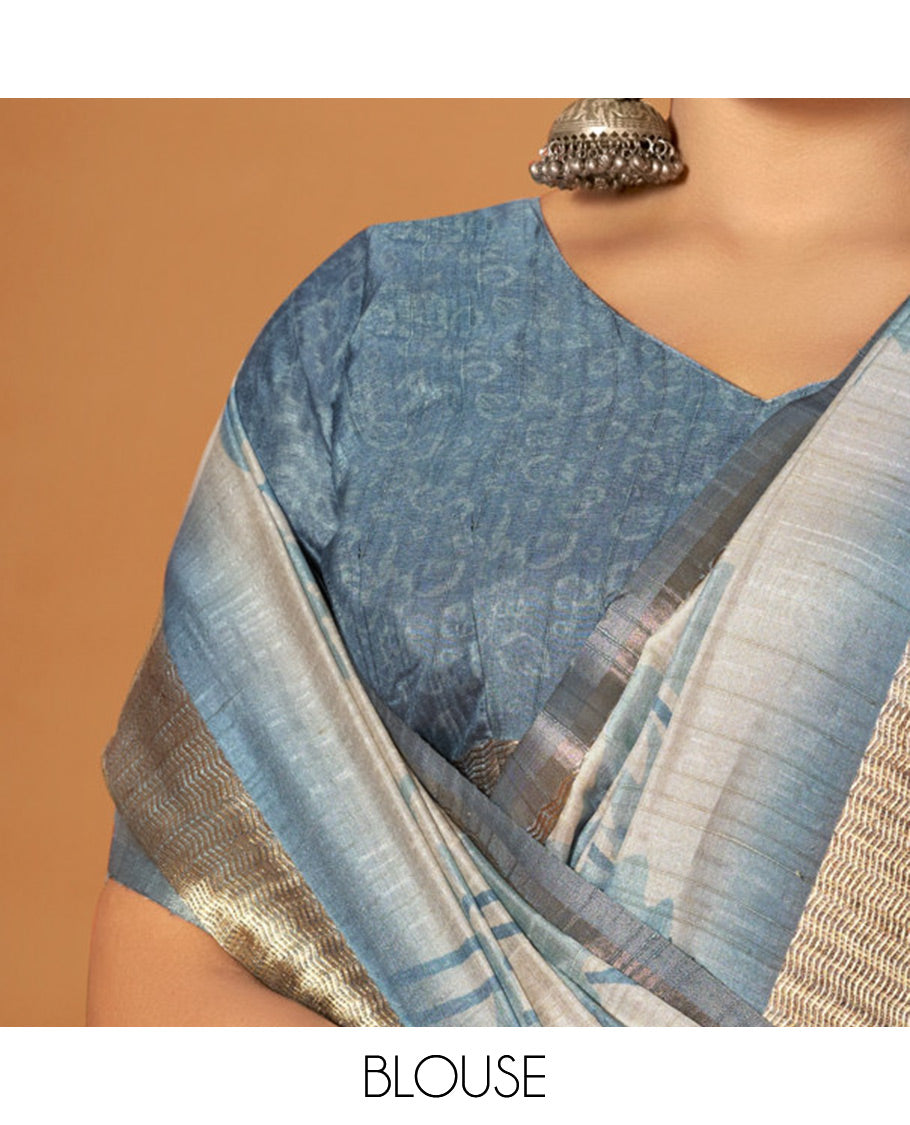 Grey-Blue Fancy Tussar Designer Saree, Mesmerized with Floral Print, a Zari Border, an Embroidered Pallu, and a Contrast Blouse