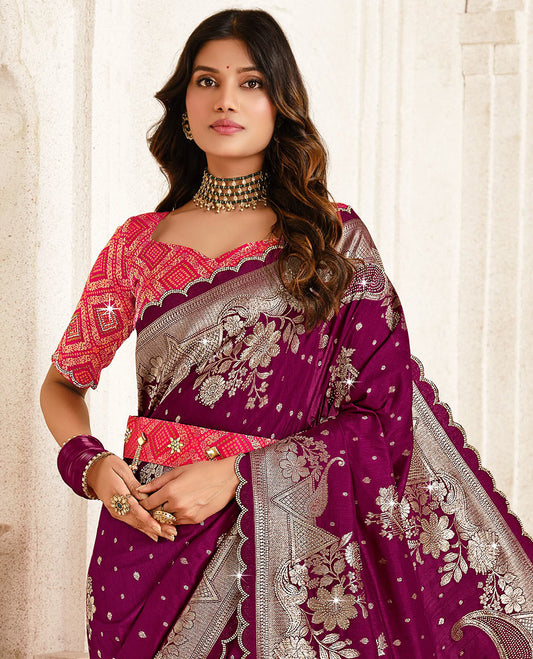 Purple buttas with stone work designer saree, scallop stone work border, intricate pallu, and a embroidered belt
