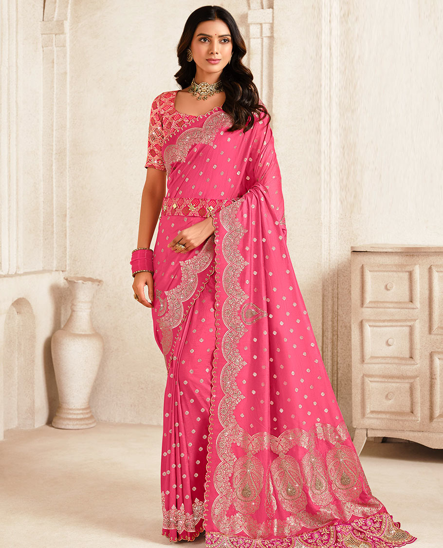 Pink buttas designer saree, scallop floral and stone work border, intricate pallu, and a embroidered belt