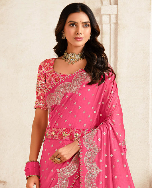 Pink buttas designer saree, scallop floral and stone work border, intricate pallu, and a embroidered belt