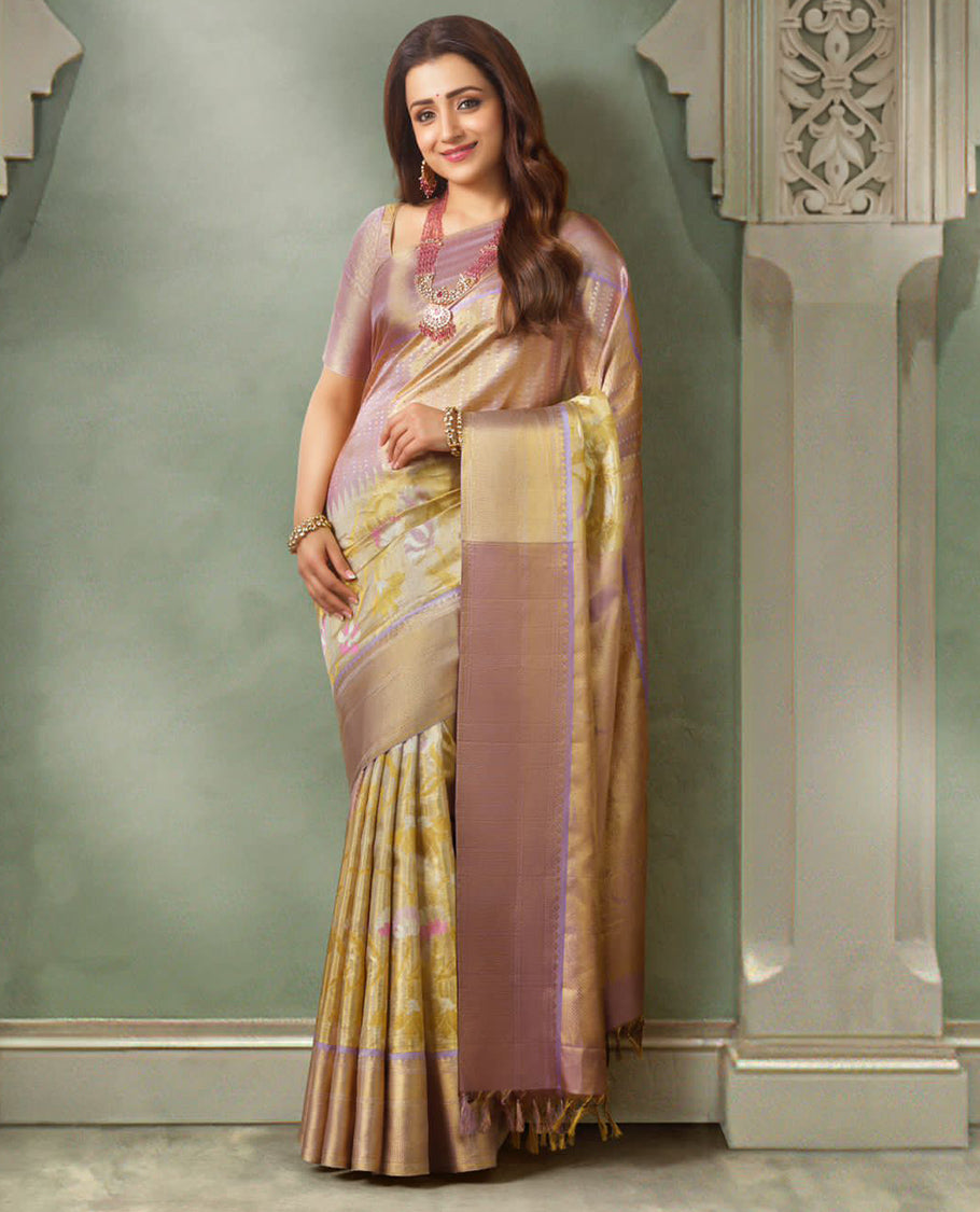 Yellow floral jacquard silk saree with contrast tradtiotnal zari design border & floral design pallu