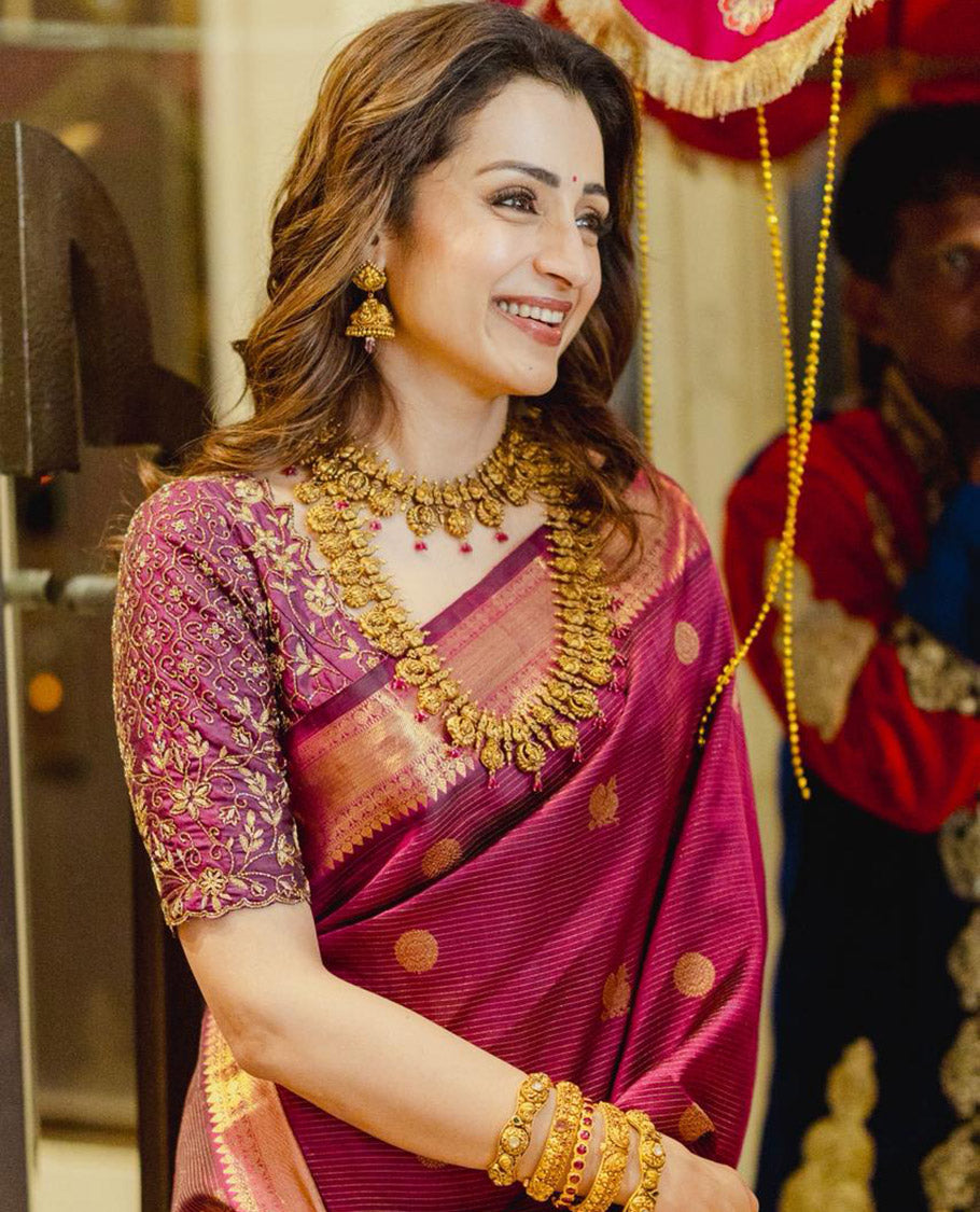 Purple Samudrika Silk Saree Enthralled with Vaira Oosi Stripes and Annam Chakram Zari Buttas, Complemented by a Zari Border of Thilakam Mokku, Muthu, Rudraksham, and Zari Stripes, Subtly Zari-Woven Pallu, and Paired with a Matching Blouse