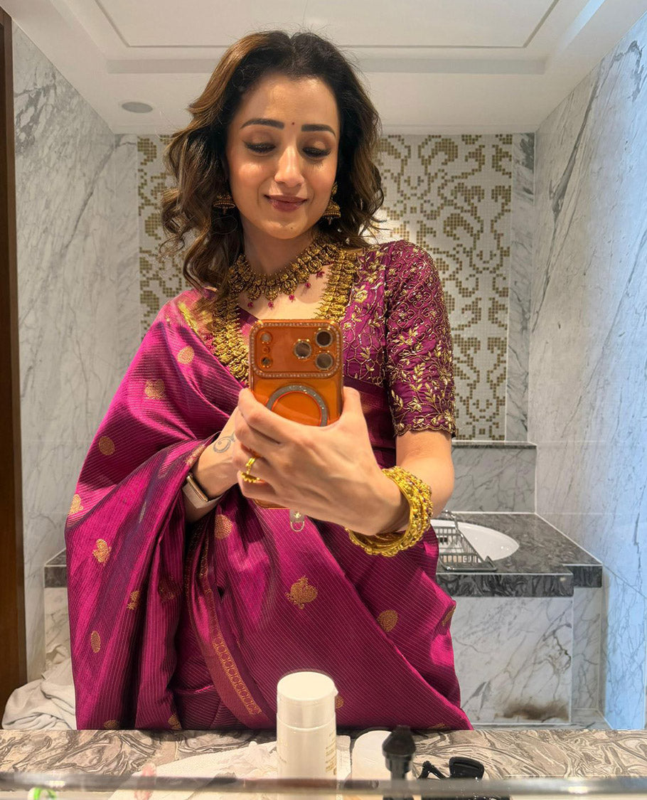 Purple Samudrika Silk Saree Enthralled with Vaira Oosi Stripes and Annam Chakram Zari Buttas, Complemented by a Zari Border of Thilakam Mokku, Muthu, Rudraksham, and Zari Stripes, Subtly Zari-Woven Pallu, and Paired with a Matching Blouse