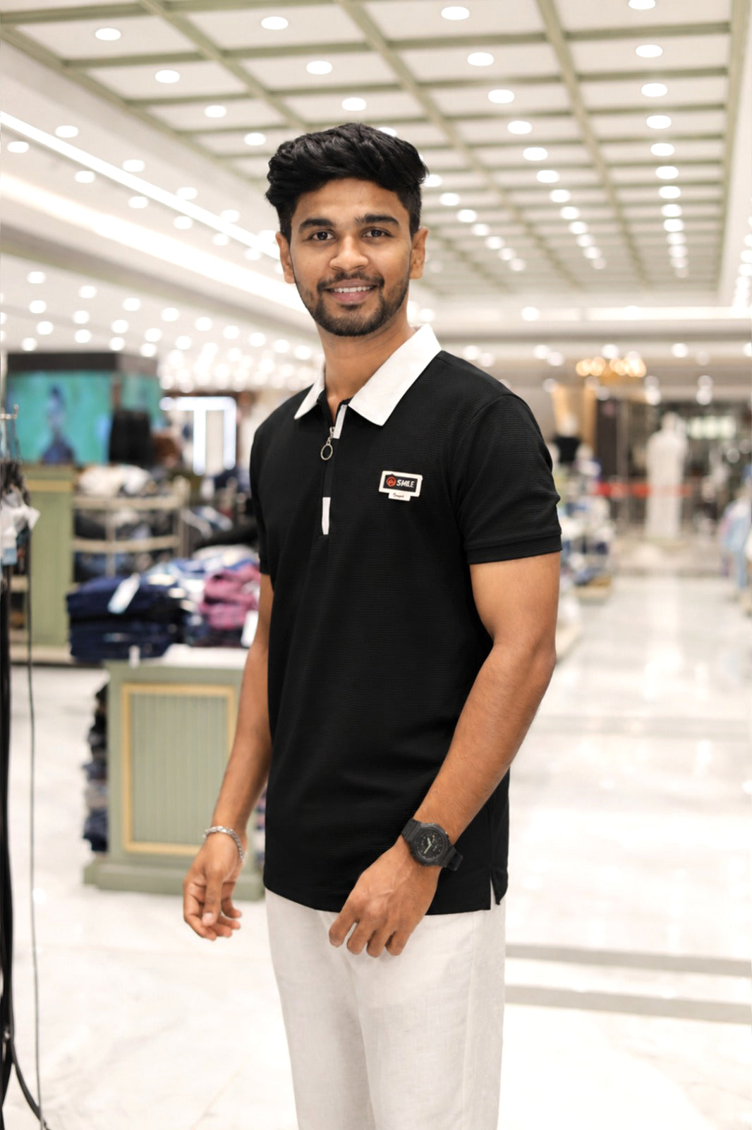 Black Cotton-Blended Zipper T-Shirt Features Half-Sleeves, a Contrast Polo Collar, Slim Fit, and Regular Length